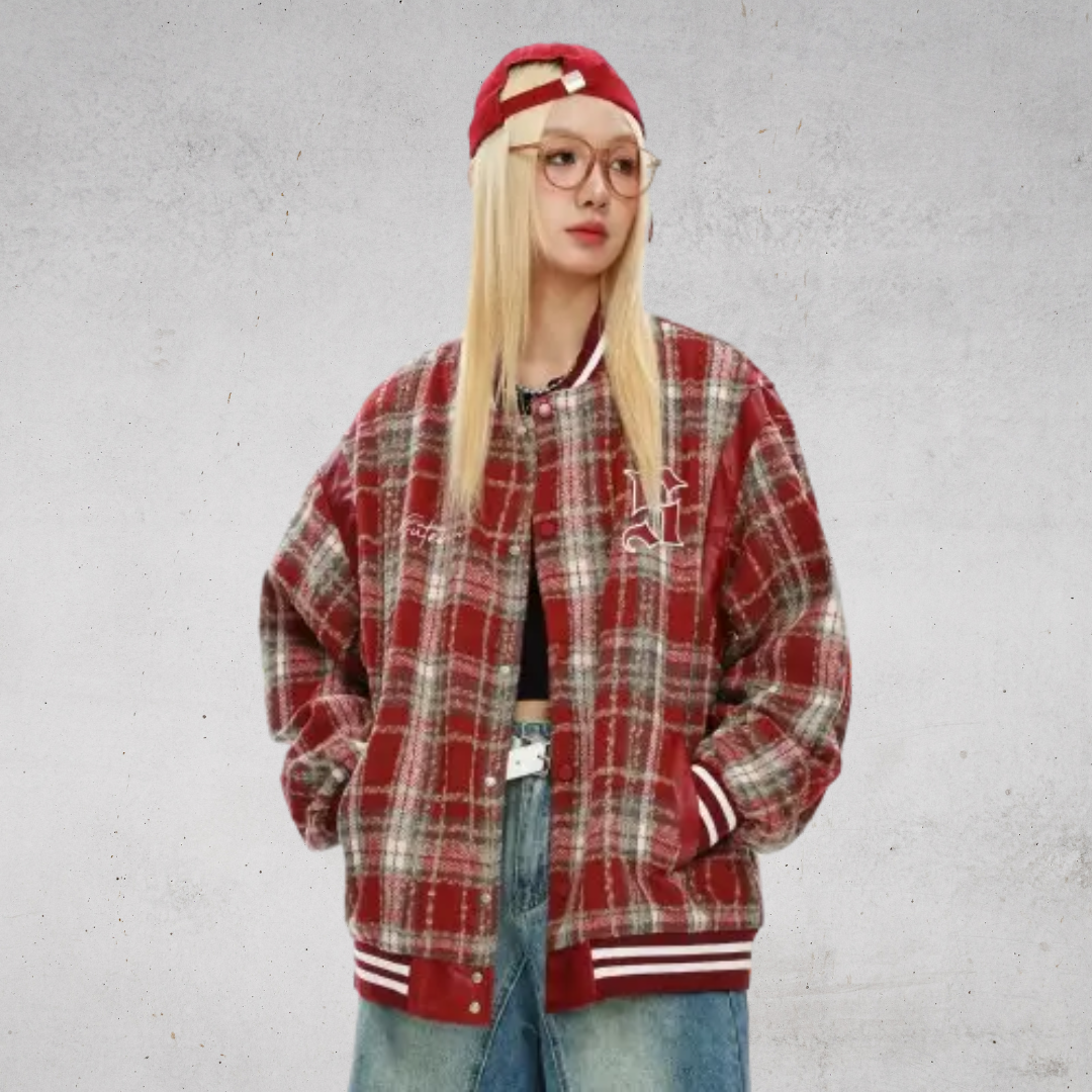 CHECK EMBROIDERY VARSITY JACKET-チェックエンブロイダリースタジャン
