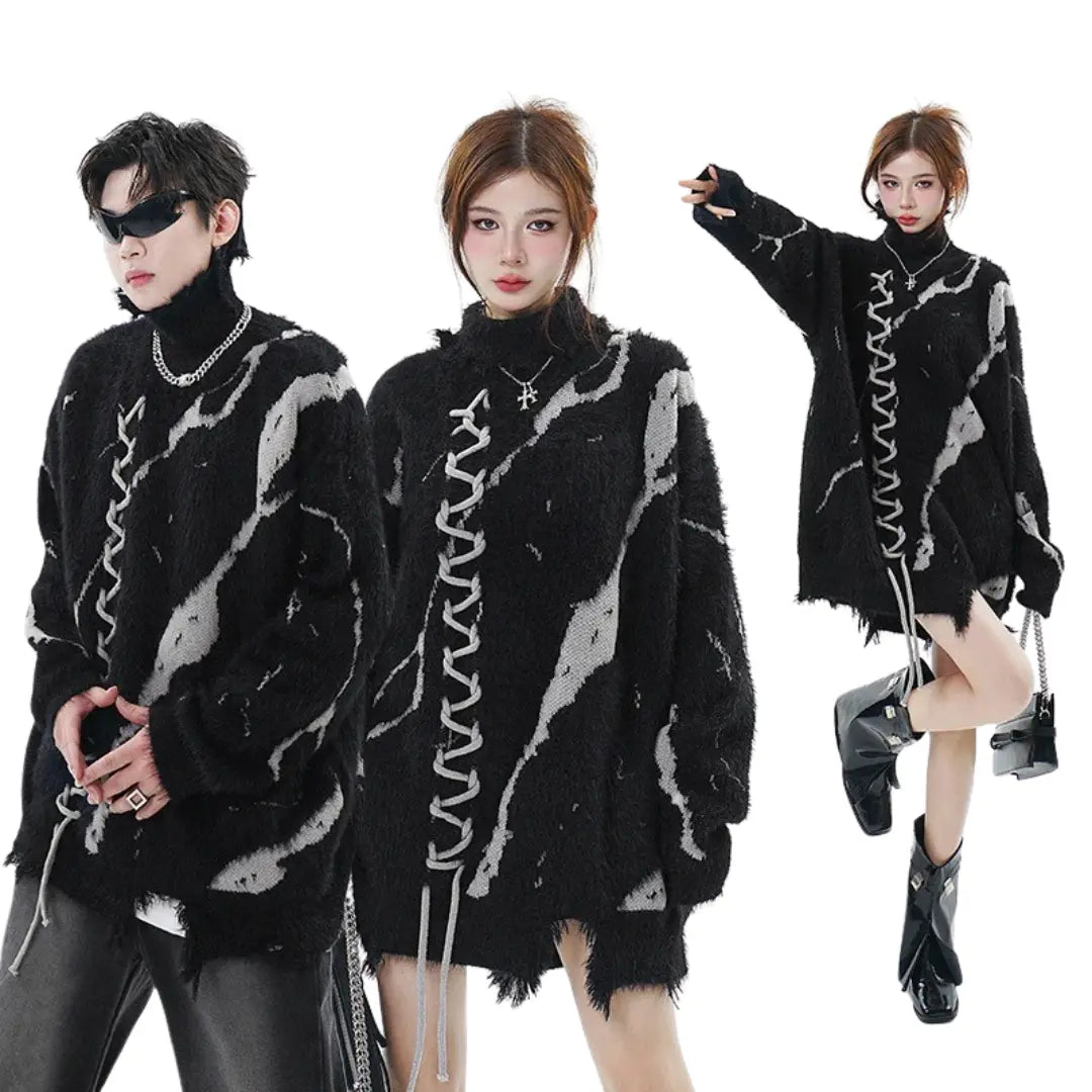ABSTRACT DISTRESSED OVERSIZED HIGH NECK SWEATER