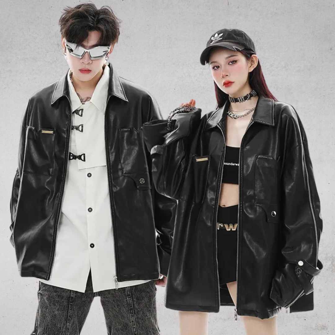RETRO FAUX LEATHER OVERSIZED JACKET-レトロ フェイクレザー オーバーサイズ ユニセックスジャケット