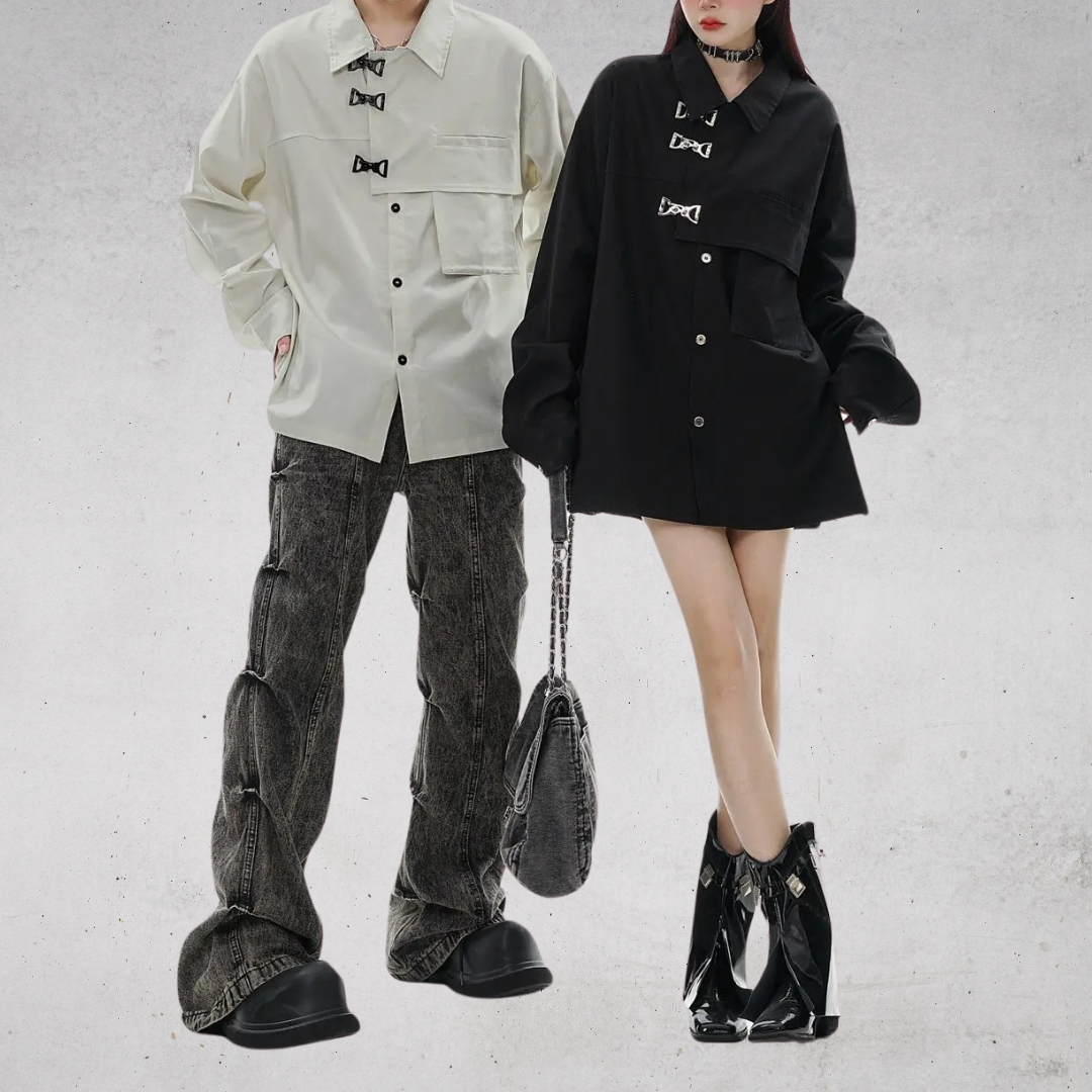 ASYMMETRIC BUCKLE DESIGN SHIRT-アシンメトリックバックルデザインユニセックスシャツ