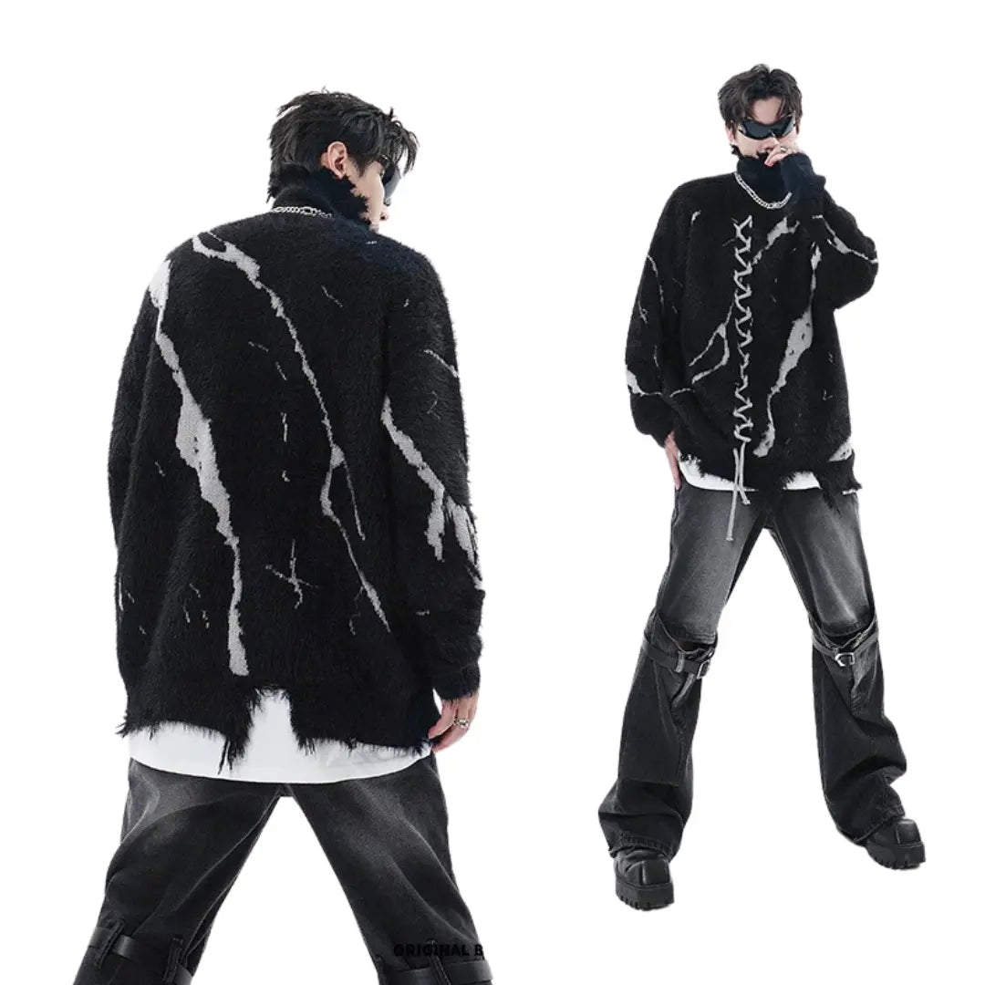 ABSTRACT DISTRESSED OVERSIZED HIGH NECK SWEATER