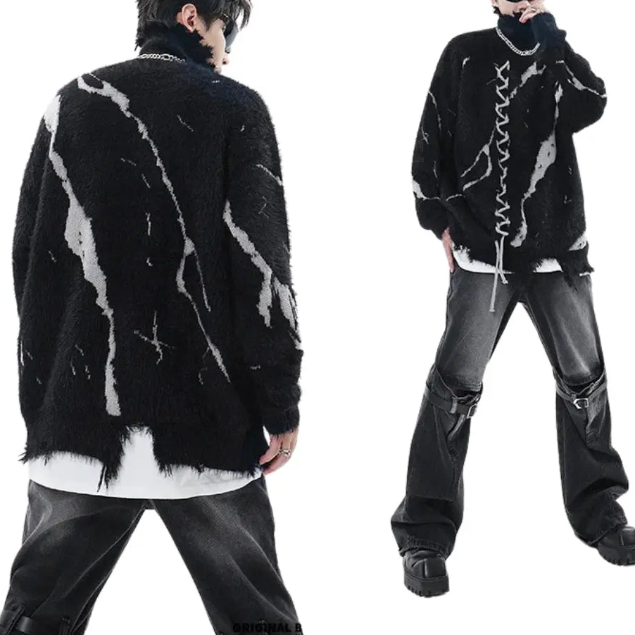 ABSTRACT DISTRESSED OVERSIZED HIGH NECK SWEATER