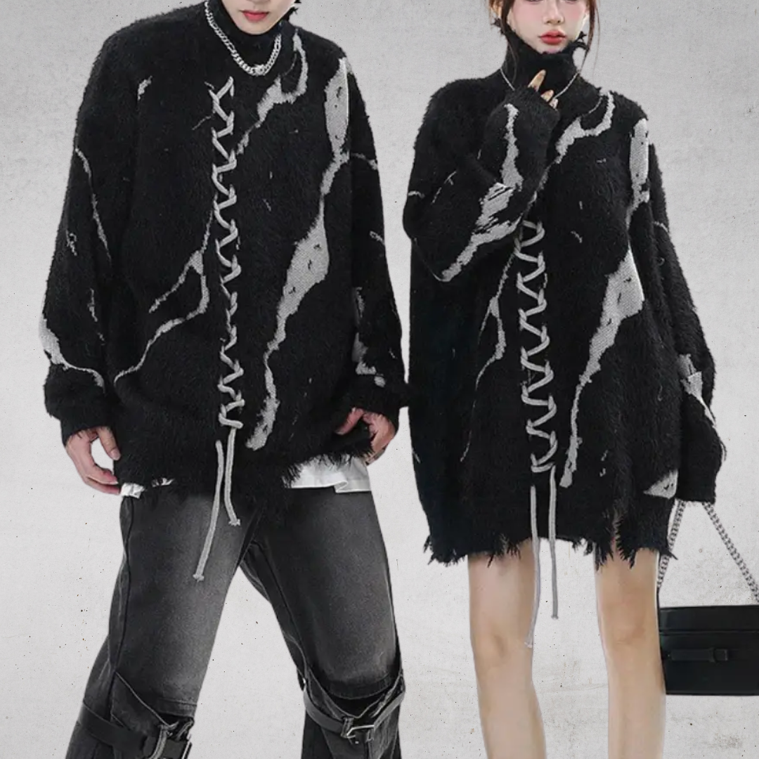ABSTRACT DISTRESSED OVERSIZED HIGH NECK SWEATER-アブストラクト ディストレスト オーバーサイズ ハイネックセーター