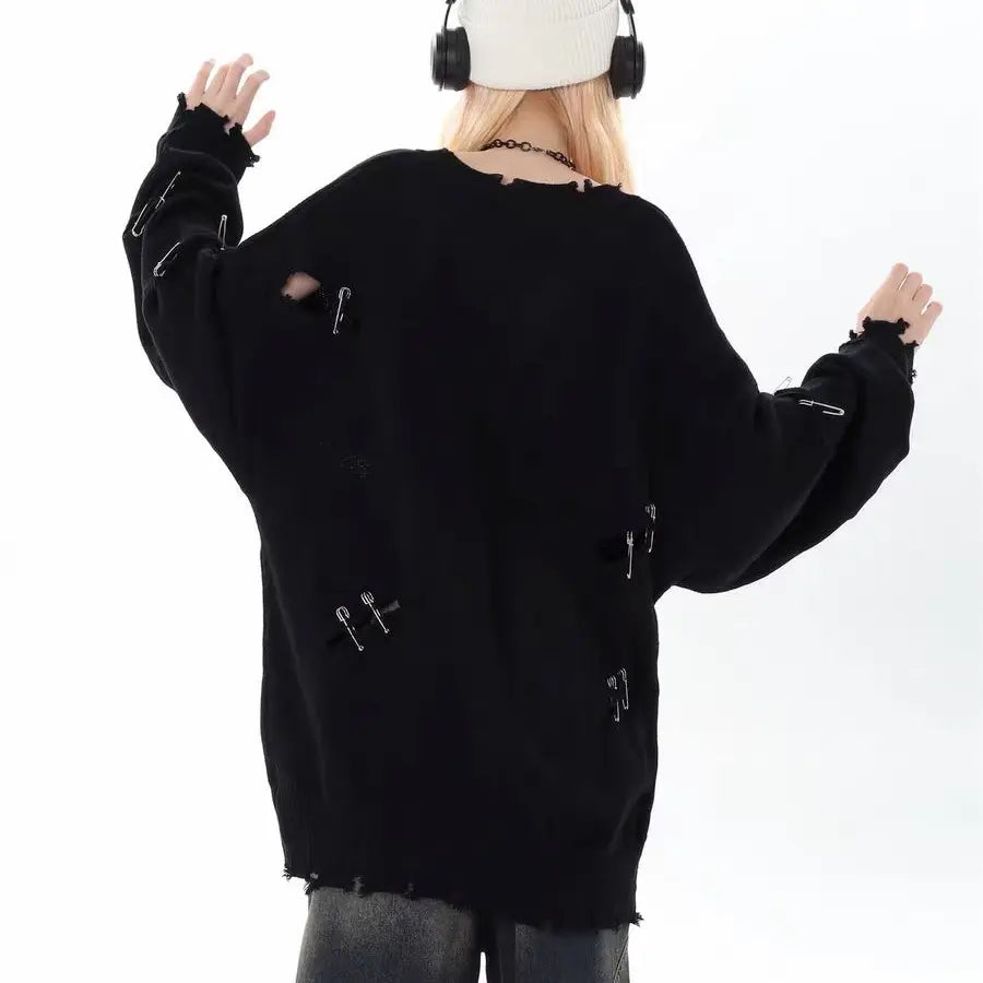 SAFETY PIN CUTOUT KNIT SWEATER - セーフティピンカットアウトダメージニットセーター - Mira Gemini