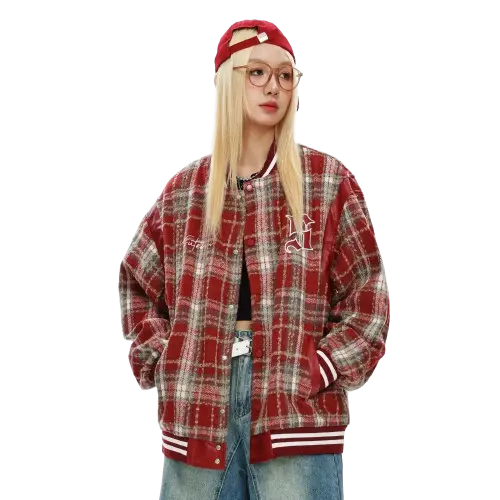 CHECK EMBROIDERY VARSITY JACKET-チェックエンブロイダリースタジャン Mira Gemini