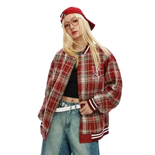 CHECK EMBROIDERY VARSITY JACKET-チェックエンブロイダリースタジャン Mira Gemini