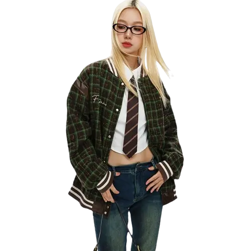 CHECK EMBROIDERY VARSITY JACKET-チェックエンブロイダリースタジャン Mira Gemini