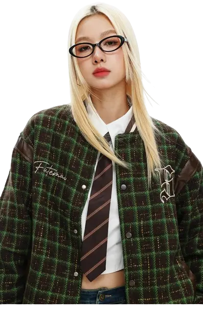 CHECK EMBROIDERY VARSITY JACKET-チェックエンブロイダリースタジャン Mira Gemini