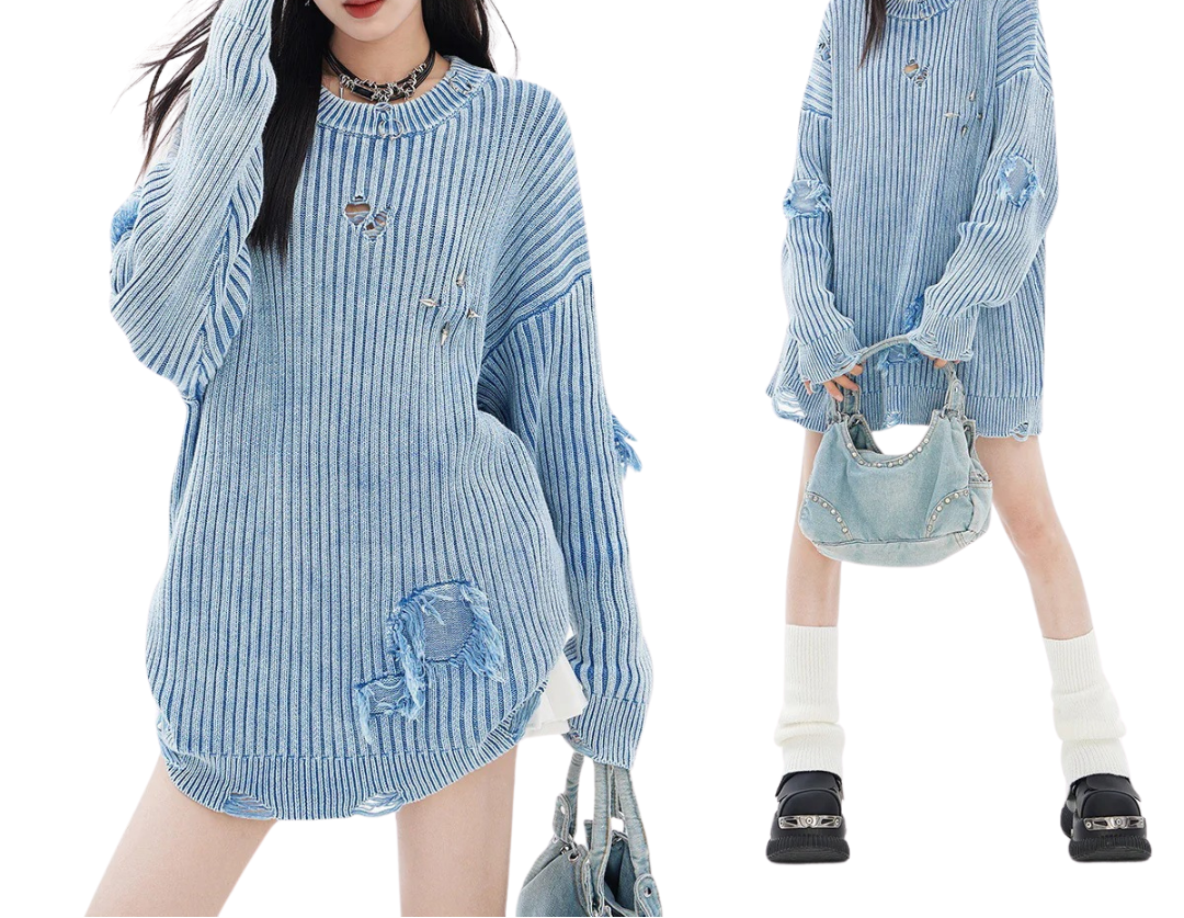 TIDE CARD LOG | 秋冬アメリカのレトロな古い洗水を作って穴を割ってゆったりとしたカップルのニットセーター