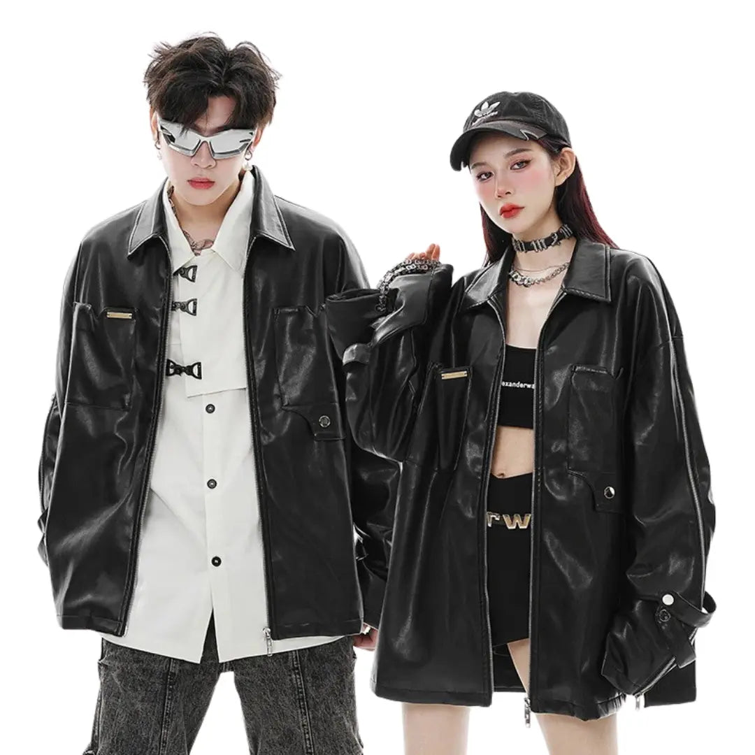 RETRO FAUX LEATHER OVERSIZED JACKET