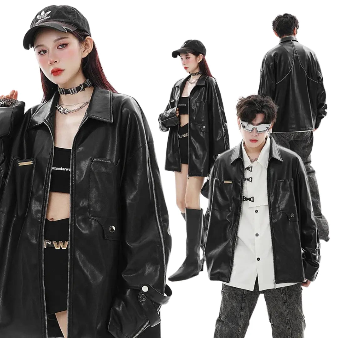 RETRO FAUX LEATHER OVERSIZED JACKET