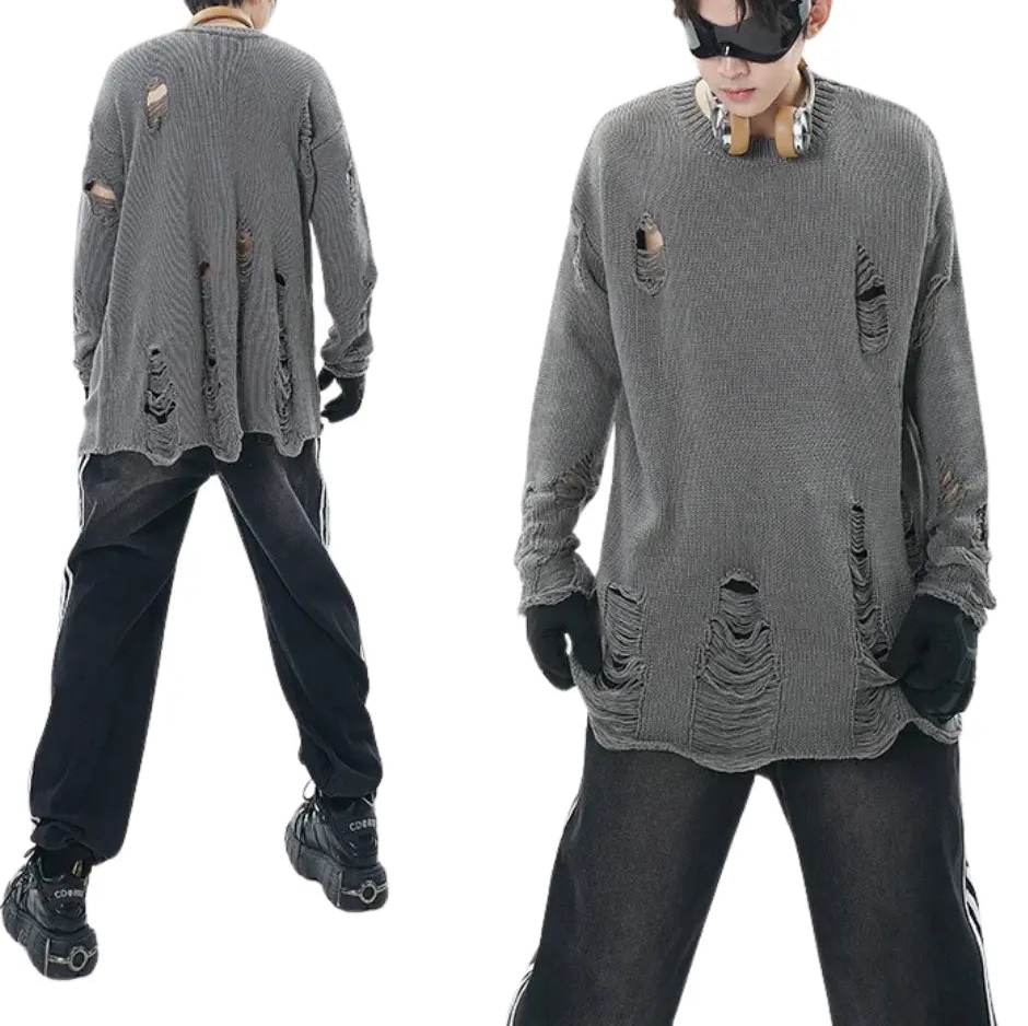 DISTRESSED OVERSIZED JACQUARD KNIT SWEATER