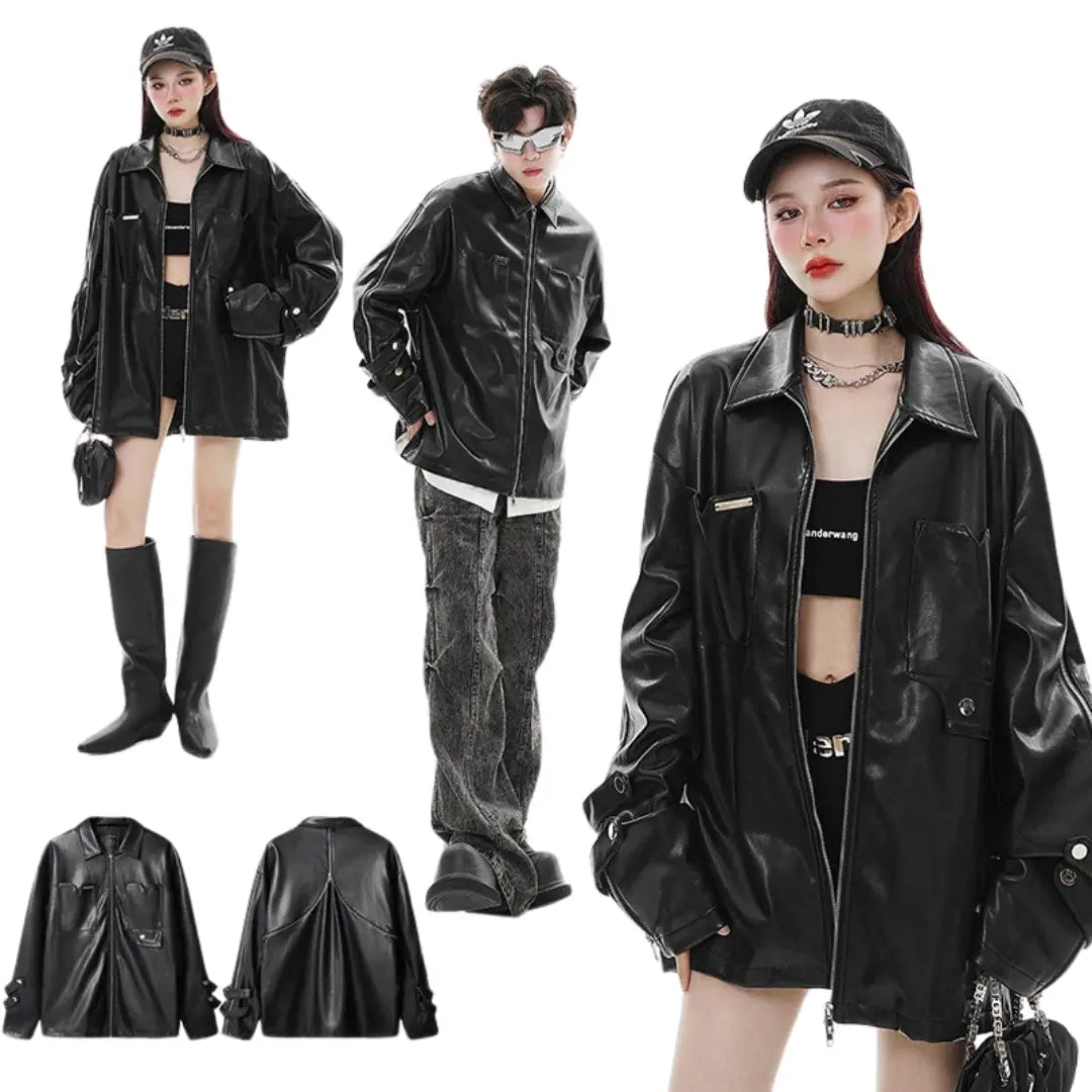 RETRO FAUX LEATHER OVERSIZED JACKET