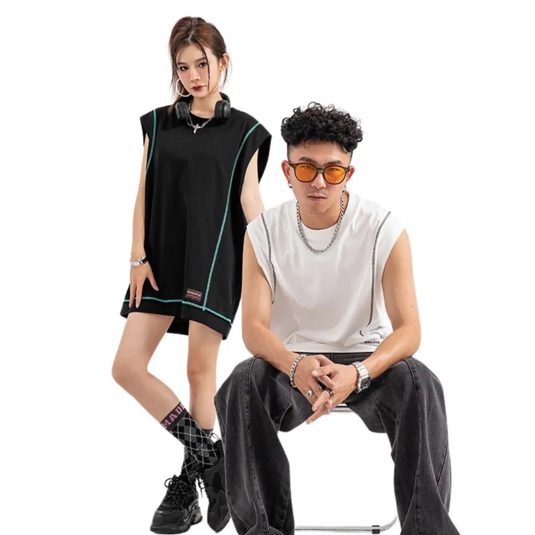 CONTRAST STITCH OVERSIZED SLEEVELESS TEE