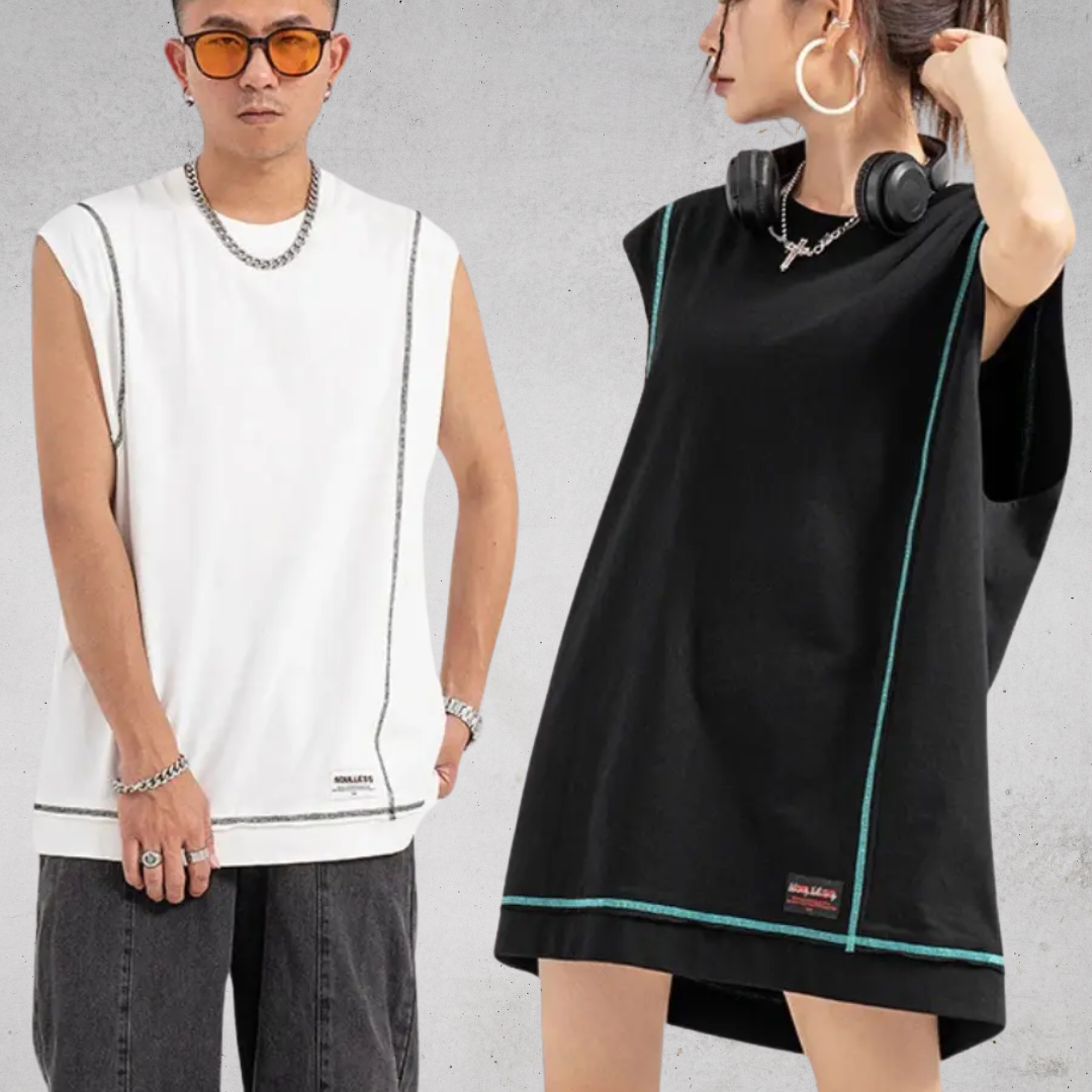 CONTRAST STITCH OVERSIZED SLEEVELESS TEE-コントラストステッチオーバーサイズスリーブレスユニセックスシャツ
