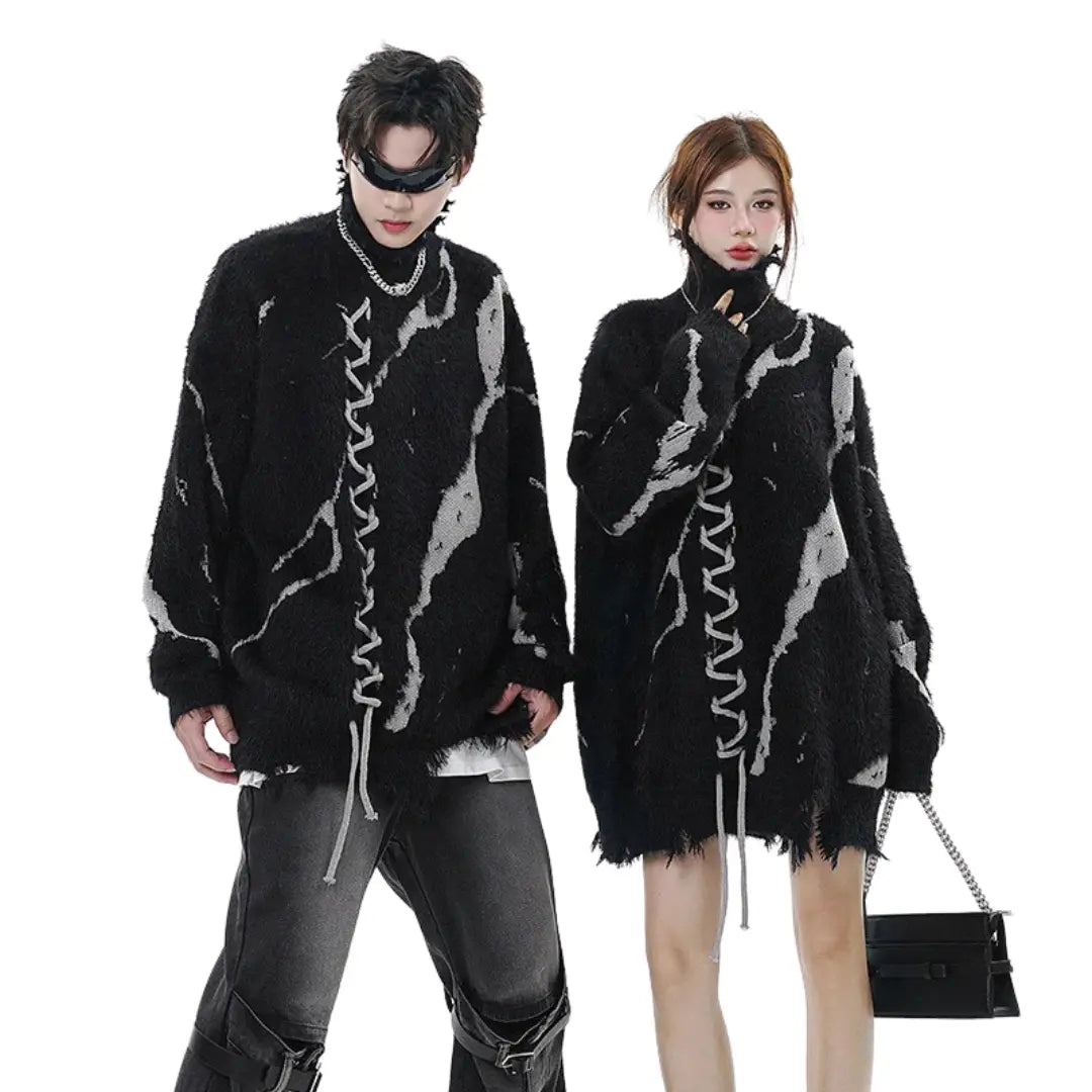ABSTRACT DISTRESSED OVERSIZED HIGH NECK SWEATER