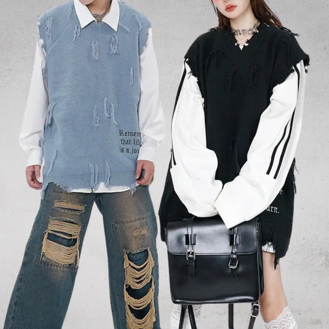 DISTRESSED OVERSIZED KNIT VEST-ディストレスト オーバーサイズユニセックス ニットベスト