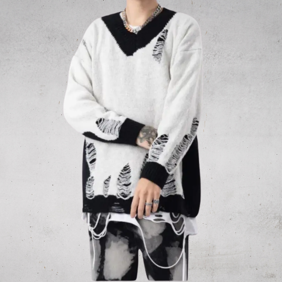 VINTAGE DAMAGE V-NECK KNIT SWEATER-ヴィンテージＶネックダメージニットセーター