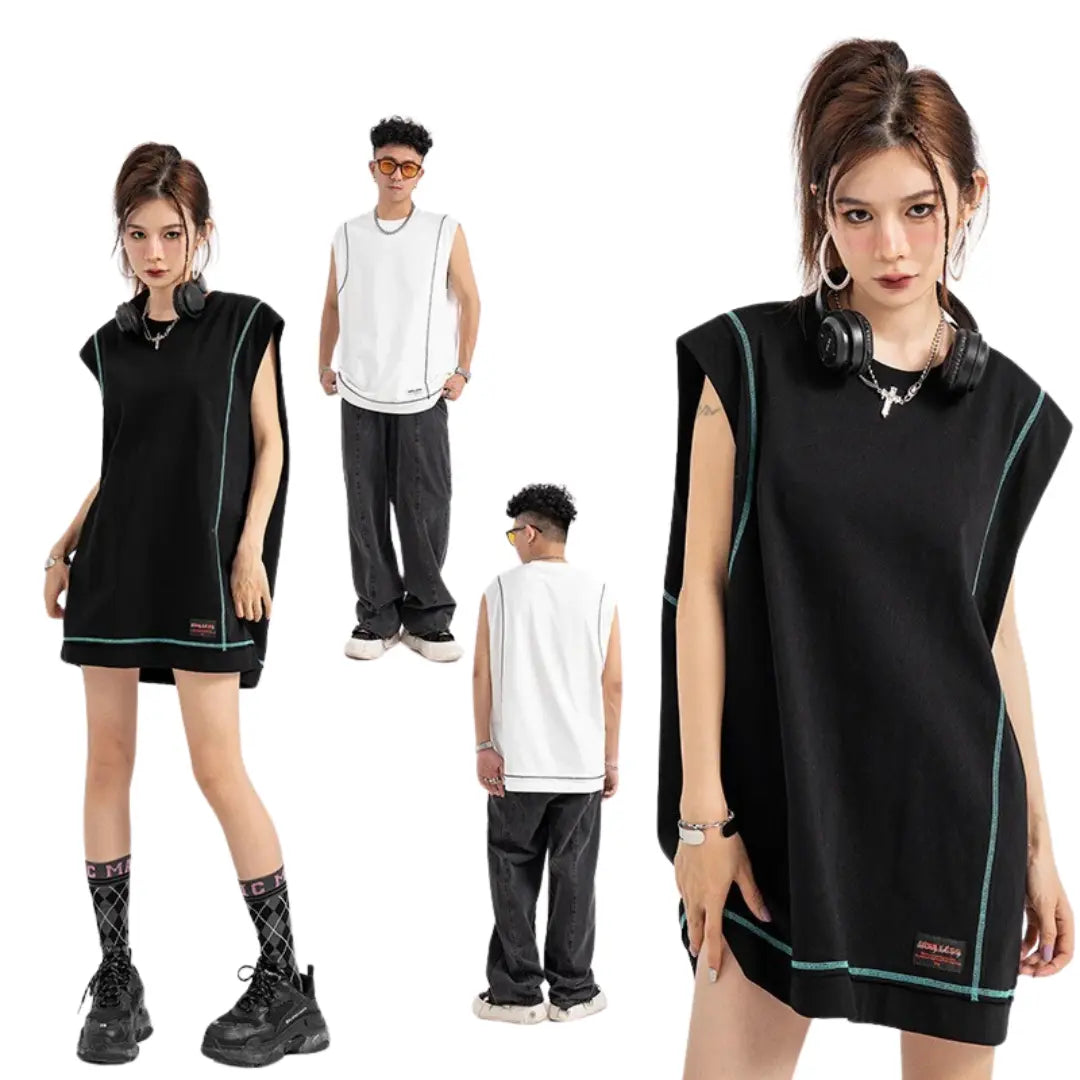 CONTRAST STITCH OVERSIZED SLEEVELESS TEE