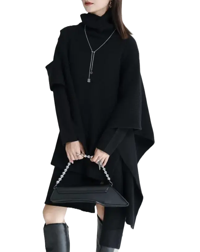 【人気商品】デザインセンス スリム フォーク イレギュラー ニットワンピース&マントコート【2点セット】 Mira Gemini