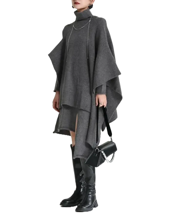 【人気商品】デザインセンス スリム フォーク イレギュラー ニットワンピース&マントコート【2点セット】 Mira Gemini