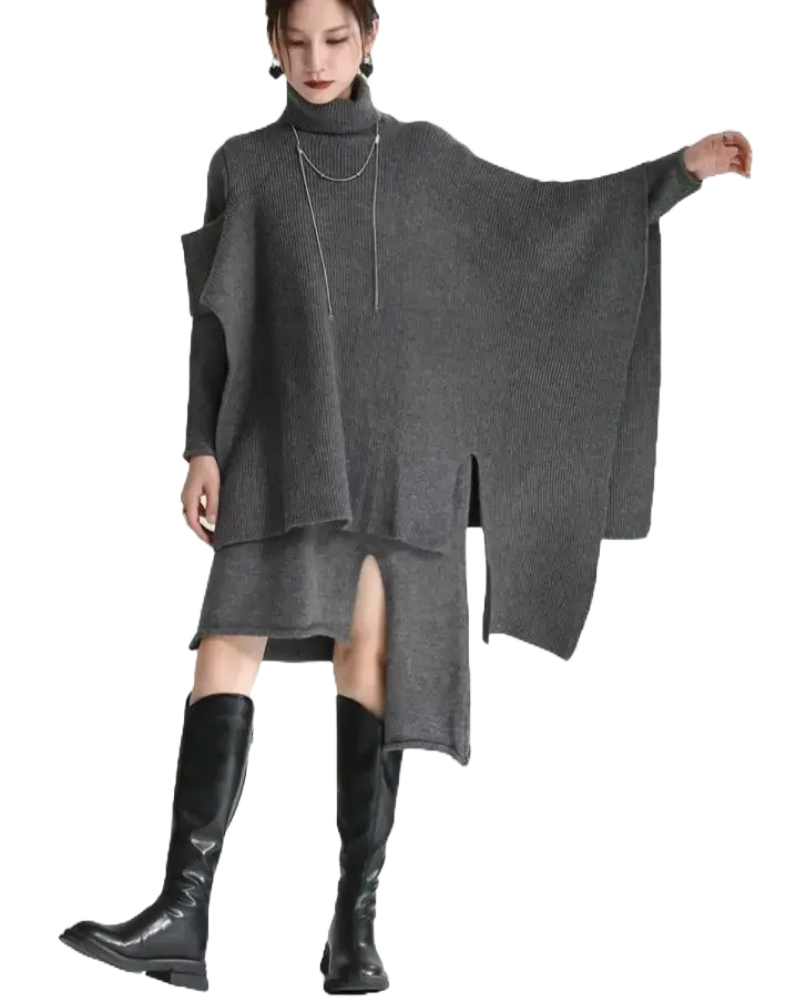 【人気商品】デザインセンス スリム フォーク イレギュラー ニットワンピース&マントコート【2点セット】 Mira Gemini