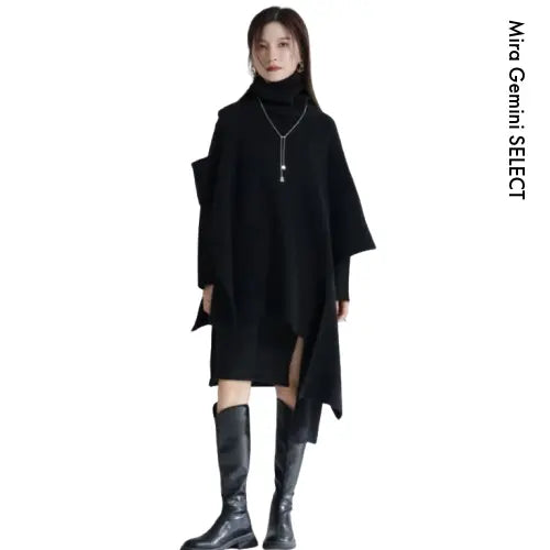 【人気商品】デザインセンス スリム フォーク イレギュラー ニットワンピース&マントコート【2点セット】 Mira Gemini