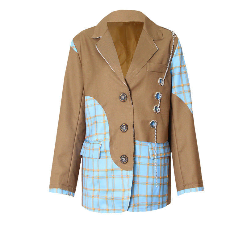 OVERSIZED CHECK-PANEL CHAIN BLAZER（オーバーサイズ チェック切替 チェーンブレザー）｜レディース