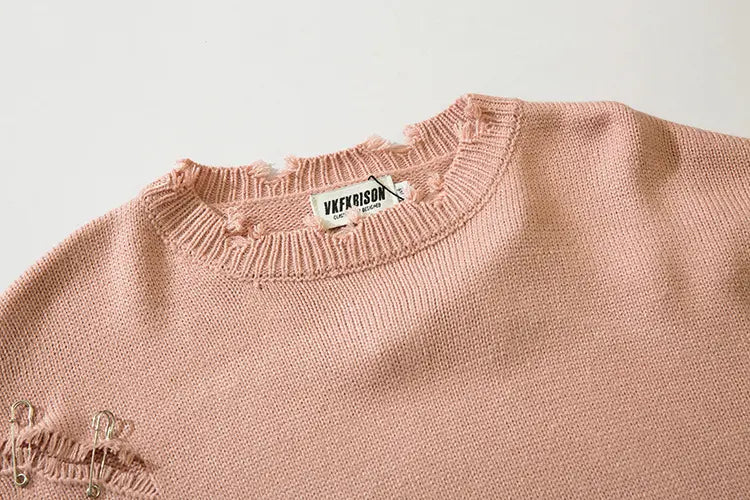 SAFETY PIN CUTOUT KNIT SWEATER - セーフティピンカットアウトダメージニットセーター - Mira Gemini
