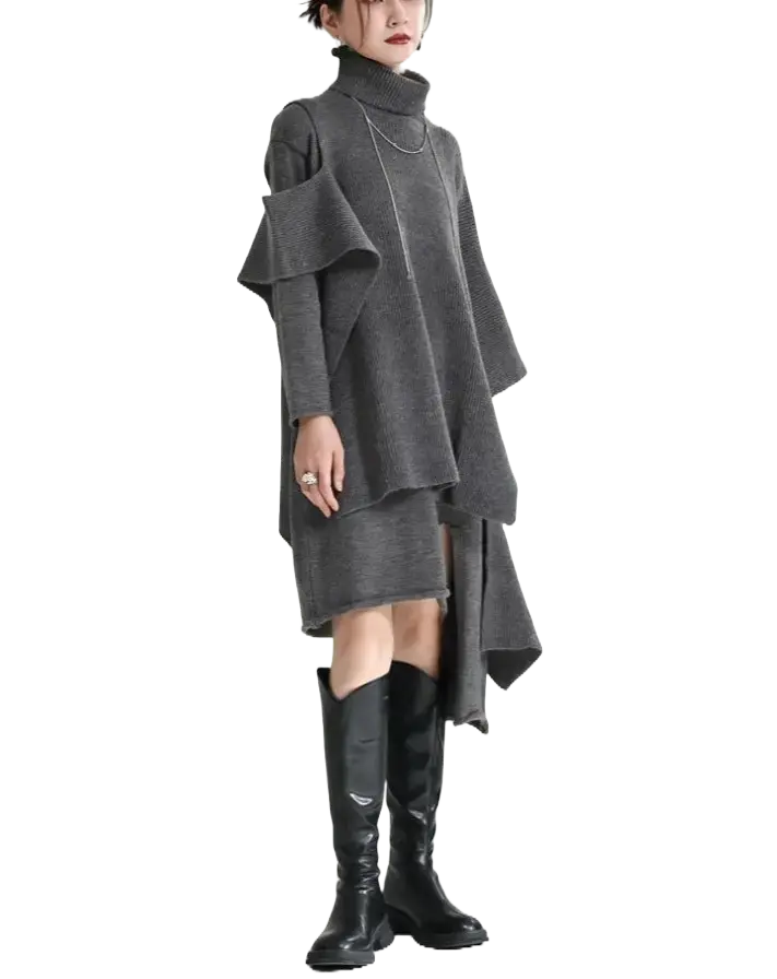 【人気商品】デザインセンス スリム フォーク イレギュラー ニットワンピース&マントコート【2点セット】 Mira Gemini