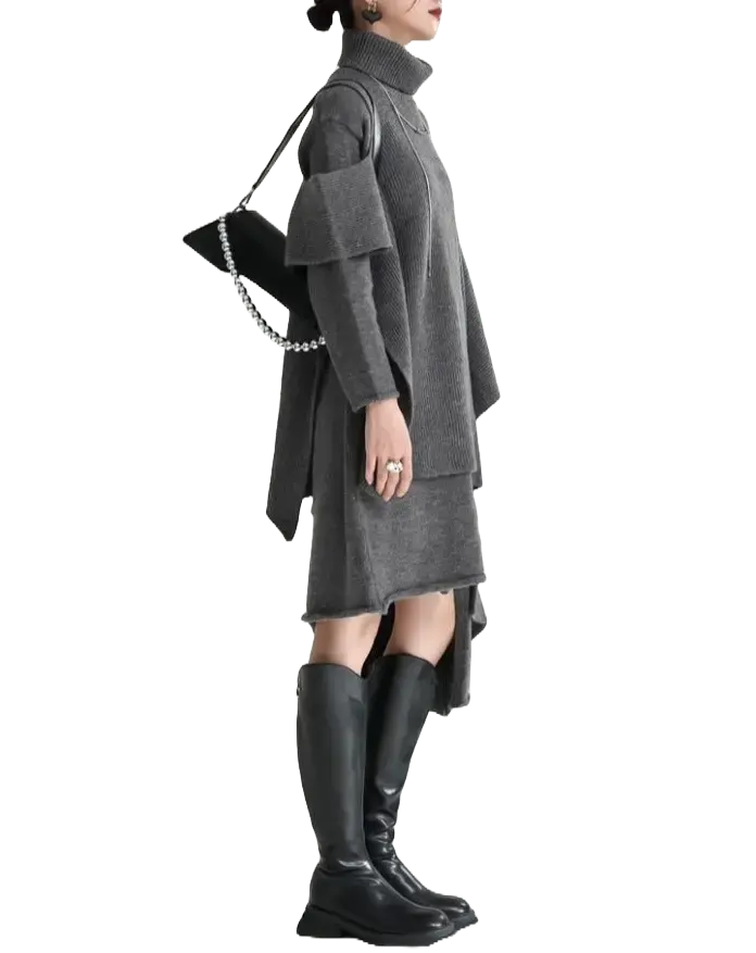 【人気商品】デザインセンス スリム フォーク イレギュラー ニットワンピース&マントコート【2点セット】 Mira Gemini
