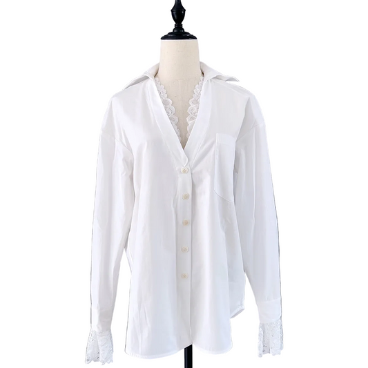 V-NECK LACE TIED BLOUSE（Vネック レース タイ ブラウス）｜レディース