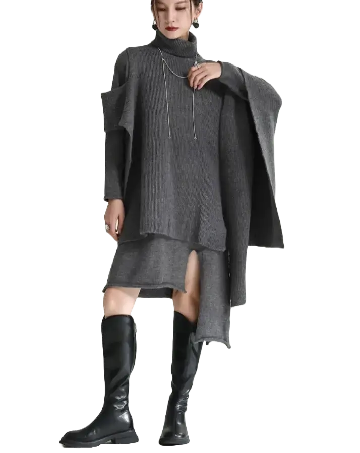 【人気商品】デザインセンス スリム フォーク イレギュラー ニットワンピース&マントコート【2点セット】 Mira Gemini