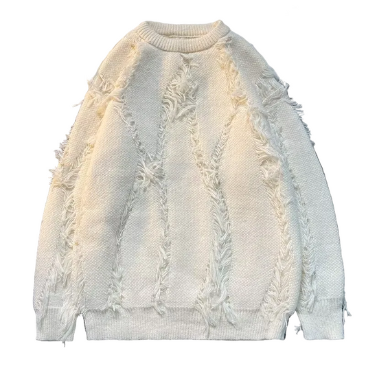 DAMAGE FRINGE CREW-NECK SWEATER（ダメージフリンジ クルーネックセーター）｜ユニセックス