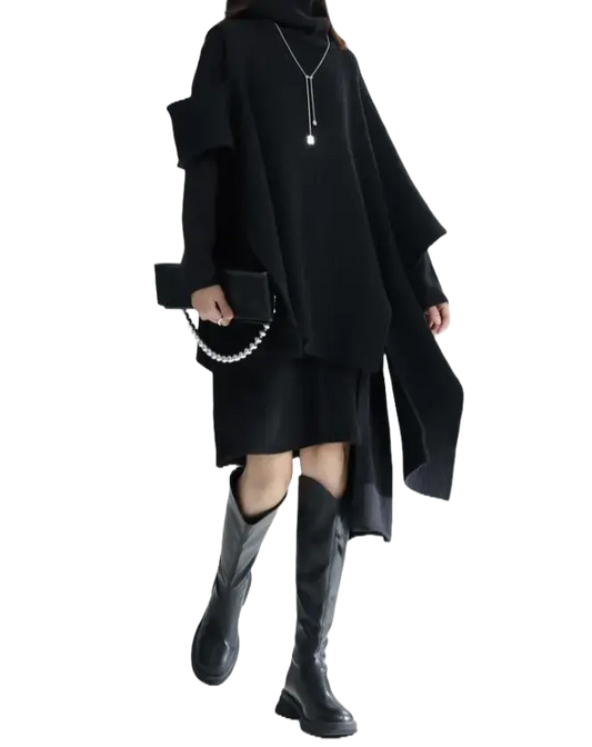 【人気商品】デザインセンス スリム フォーク イレギュラー ニットワンピース&マントコート【2点セット】 Mira Gemini