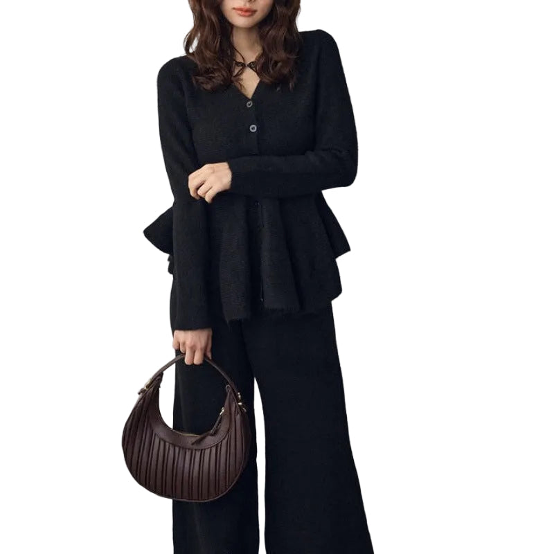 V-neck Peplum Knit Setup Vネックペプラム×ニットパンツ セットアップ｜レディース 3色