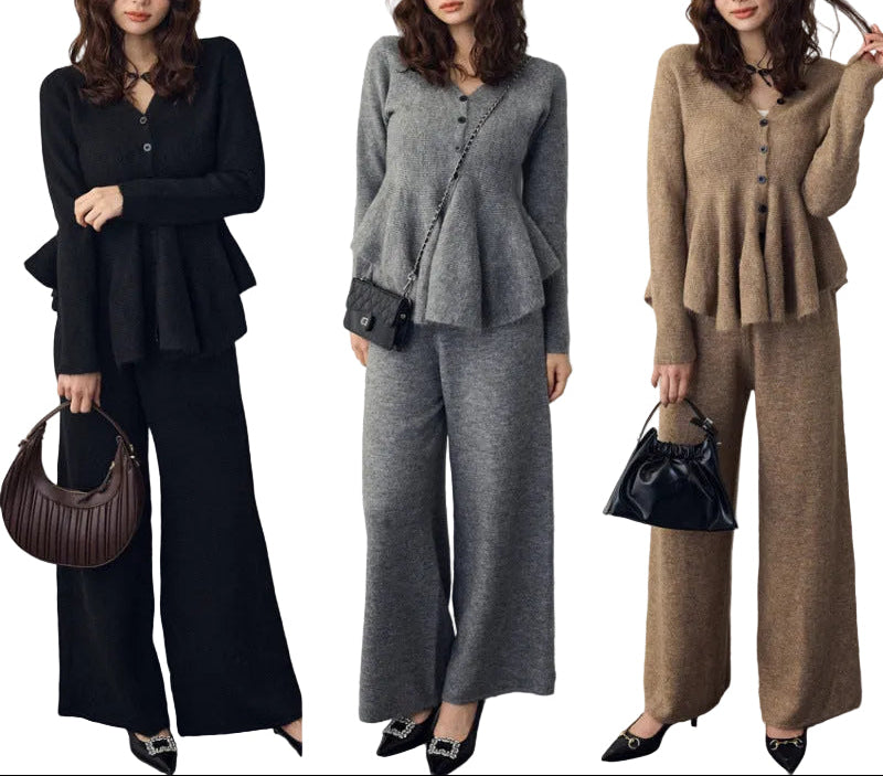 V-neck Peplum Knit Setup Vネックペプラム×ニットパンツ セットアップ｜レディース 3色