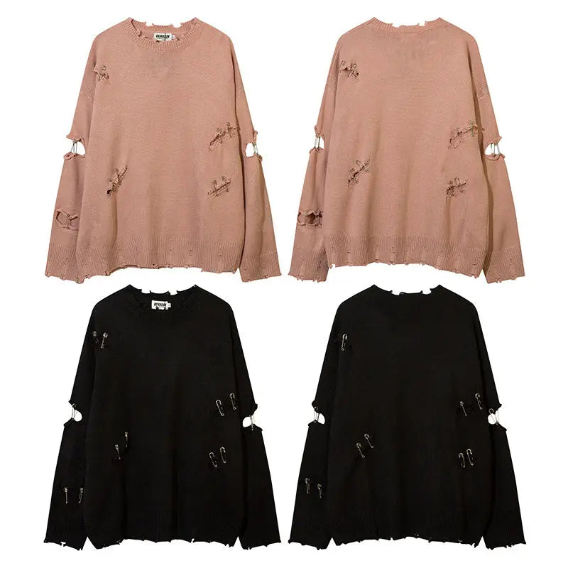 SAFETY PIN CUTOUT KNIT SWEATER - セーフティピンカットアウトダメージニットセーター - Mira Gemini