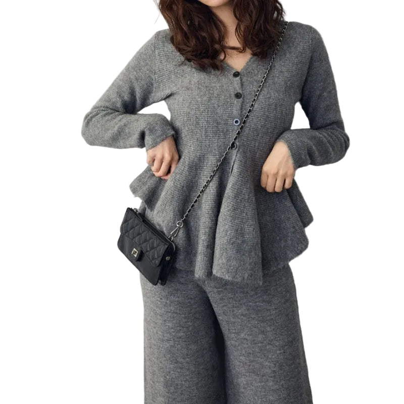 V-neck Peplum Knit Setup Vネックペプラム×ニットパンツ セットアップ｜レディース 3色