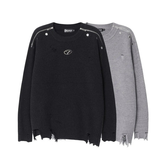 DISTRESSED OVERSIZED CREWNECK KNIT SWEATER-ディストレスト オーバーサイズ クルーネック ニットセーター Mira Gemini