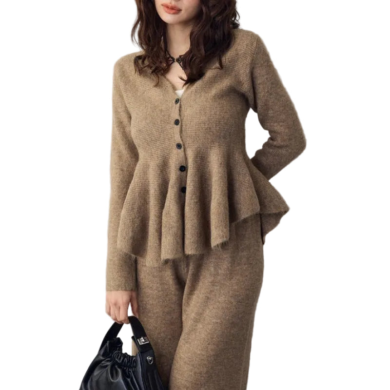 V-neck Peplum Knit Setup Vネックペプラム×ニットパンツ セットアップ｜レディース 3色