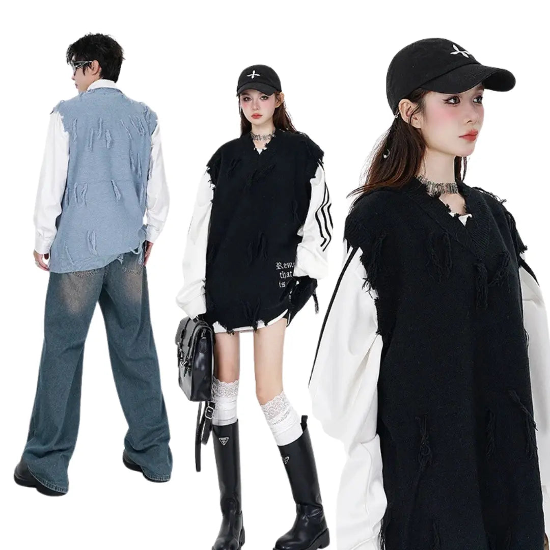 DISTRESSED OVERSIZED KNIT VEST